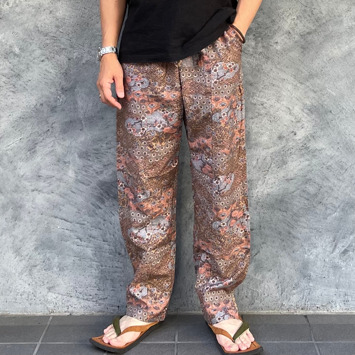 着物リメイクパンツ - kimono elastic waist pants