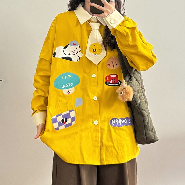UATONLINEワンちゃん刺繍カラーブロックネクタイ付き長袖シャツ