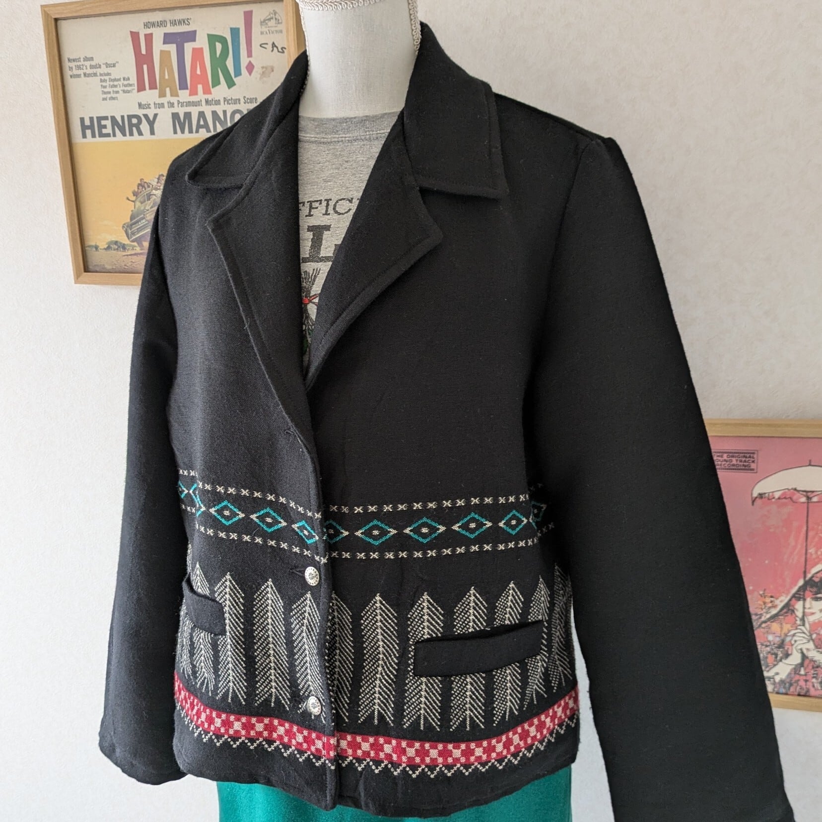 90s【WOODED RIVER】USA製 ネイティブ柄 ウールジャケット 黒 サイズL