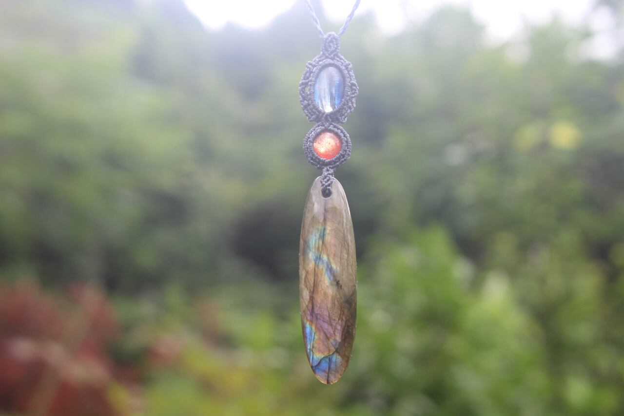 Multi Purple Labradorite & Sunstone & Kyanite micro macrame pendant