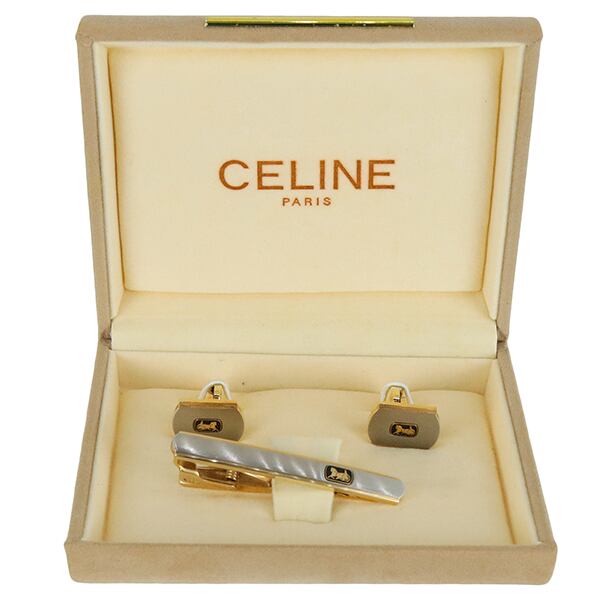 Vintage CELINE セリーヌ アクセサリー タイクリップ & カフリンクス セット メタル ゴールド シルバー タイピン メンズ 超美品