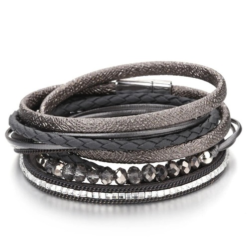 ブレスレット  クリスタル ビンテージ シンプル レザー ビーズ ロング レディース 編組 BOHO