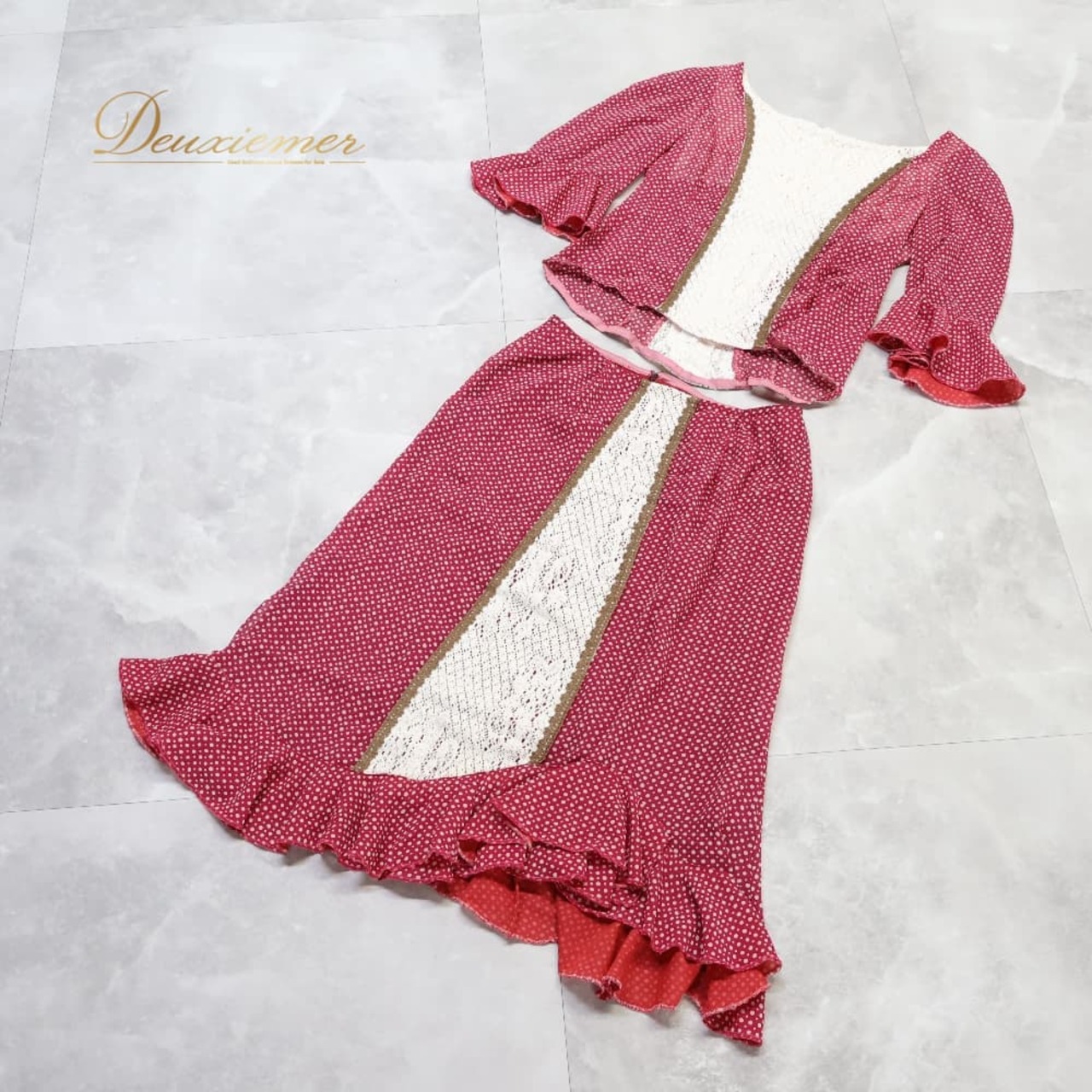 フラメンコ 衣装 ツーピース ピンク系 パープル系 トップス ブラウス ファルダ スカート 紫 白 茶 セットアップ 上下セット 水玉 ドット ボランテ かわいい レース 華やか ダンス衣装 イベント ステージ ドット柄