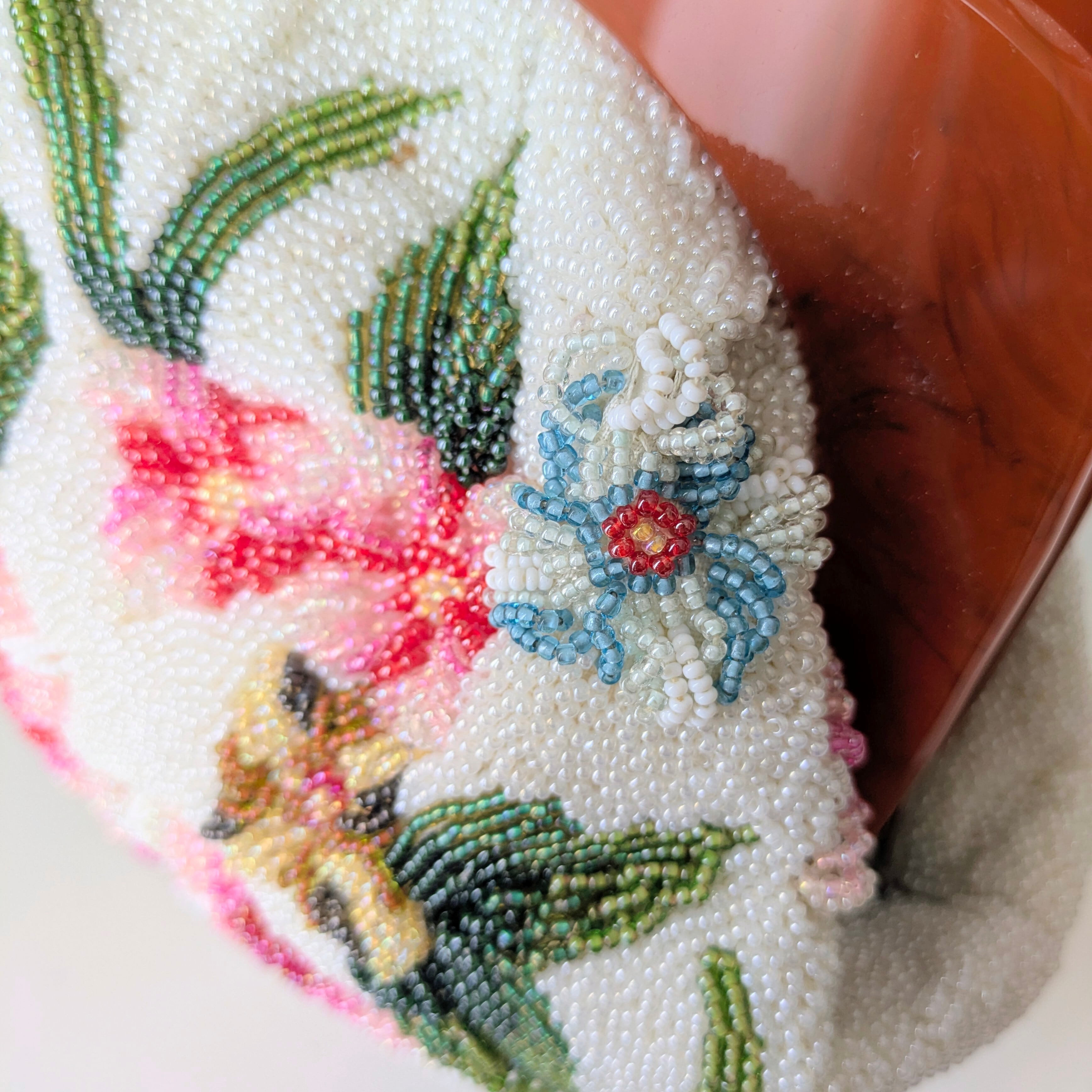 Vintage】ビーズ刺繍バッグ 白 花柄 べっ甲風 大き目サイズ パーティー