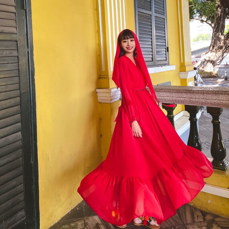 チベットティーカード雲南トラベルポースカートレトロエスニックホリデーレッドロングスカートシフォンルーズドレス 延命家ファッション31021492072