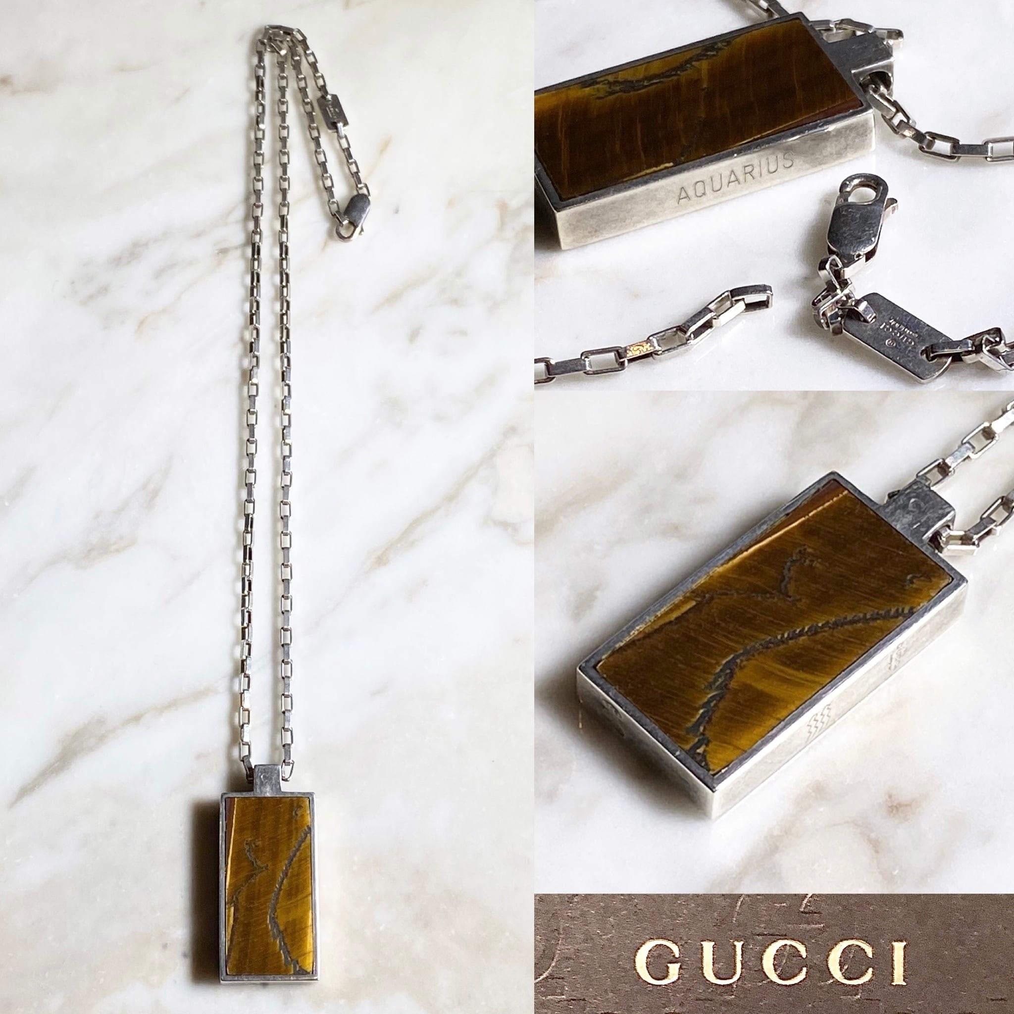 GUCCI zodiac pendant necklace “aquarius” set with tiger eye | NOIR