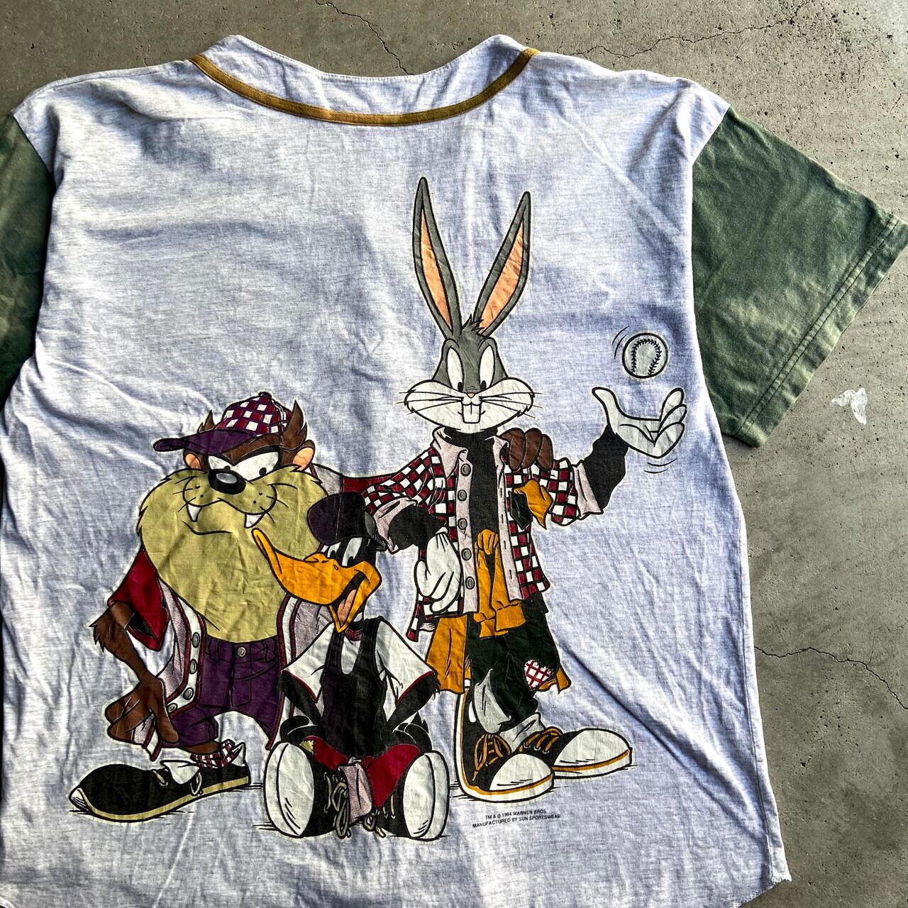 90年代 USA製 ルーニーテューンズ キャラクタープリント ベースボールシャツ メンズL相当 レディース 古着 LOONEY TUNES 90s  ビンテージ ヴィンテージ 両面プリント バックプリント ライトグレー×グリーン 灰色 緑色【半袖シャツ】【SA2204】 | cave