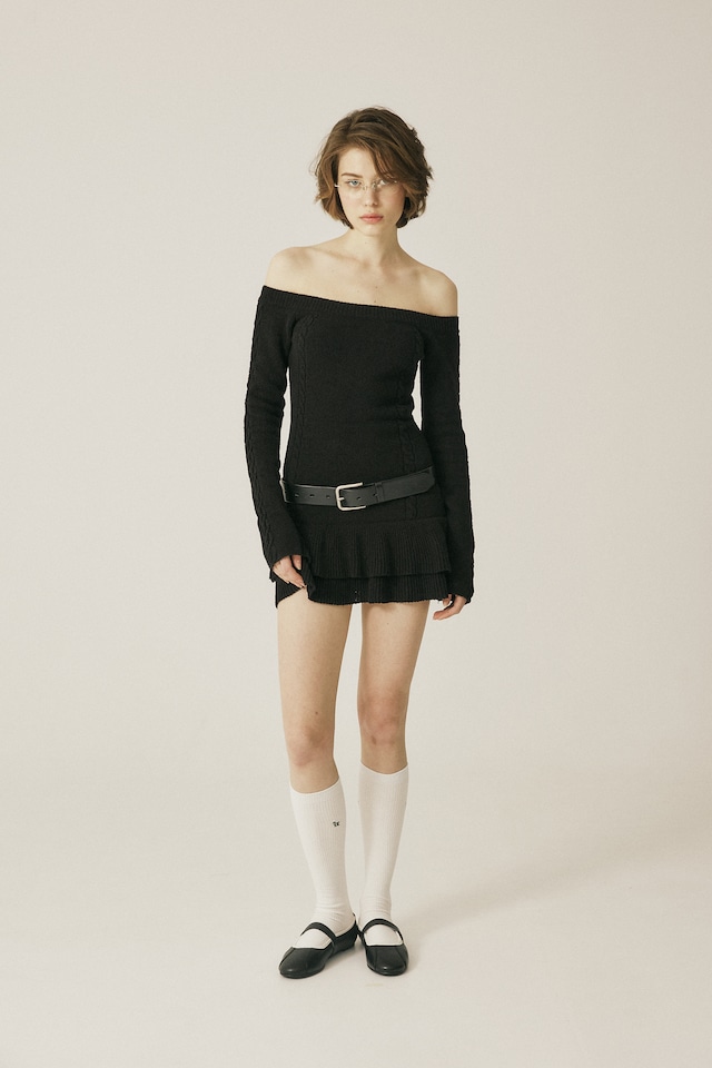 [threetimes] Cable off-shoulder dress Black 正規品 韓国ブランド 韓国通販 韓国代行 韓国ファッション スリータイムズ 日本 店舗