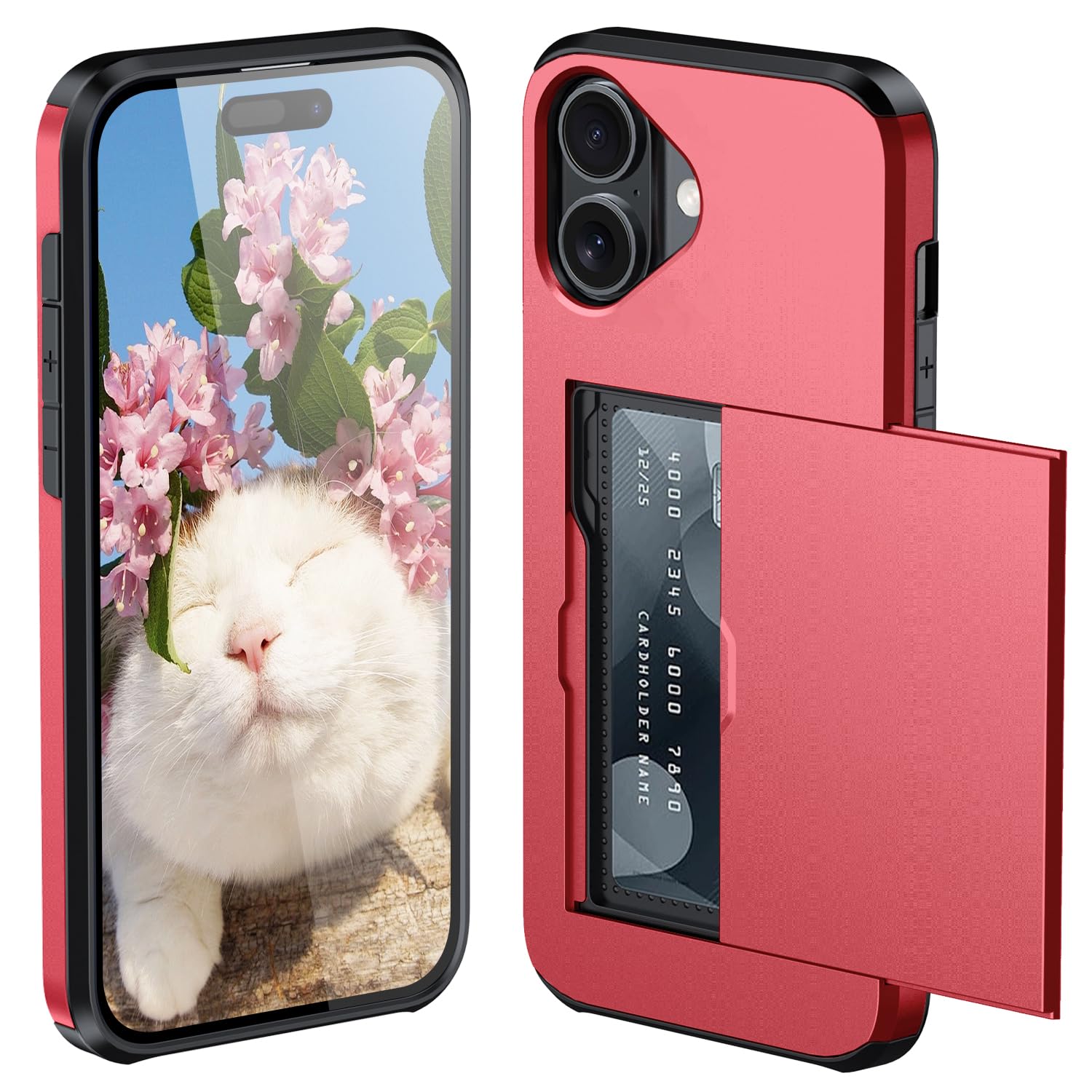 対応 iPhone 16 用 ケース カード収納 背面 指紋防止 落下防止 米軍MIL規格 耐衝撃 レッド