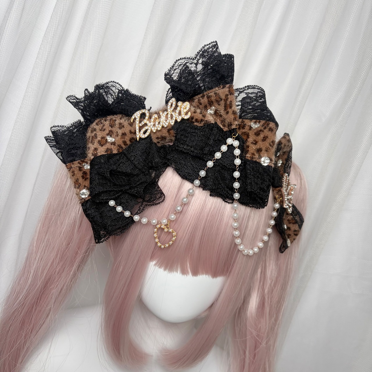 ♡ 姫GAL レオパード柄 ヒョウ柄 パールチェーン リボンヘアクリップ brown ♡