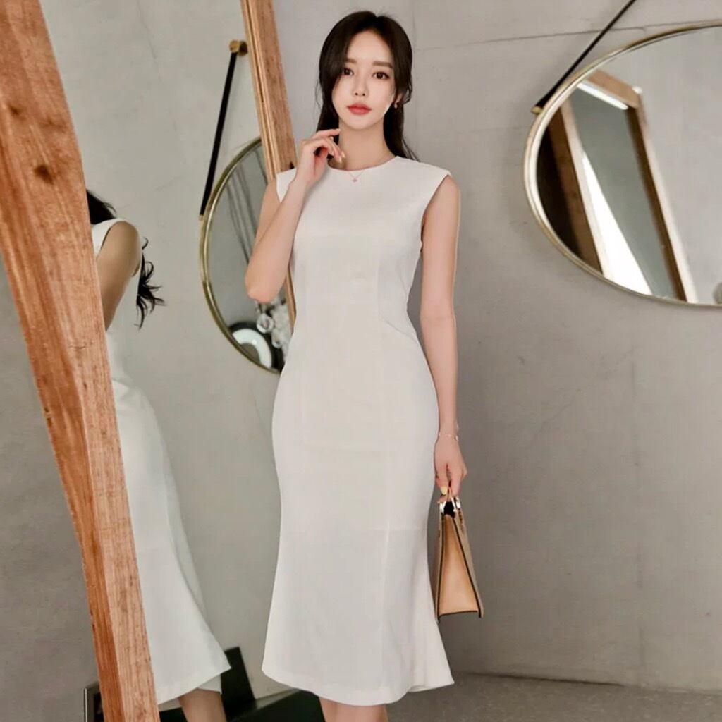 入園 入学 式 発表会 セミ フォーマル ワンピース レディース 春 夏 秋 白 色 ノースリーブ 膝下 丈 大人 スーツ マーメイド ライン シンプル 無地 Dr 0150 Happy Orurea ハッピーオルレア