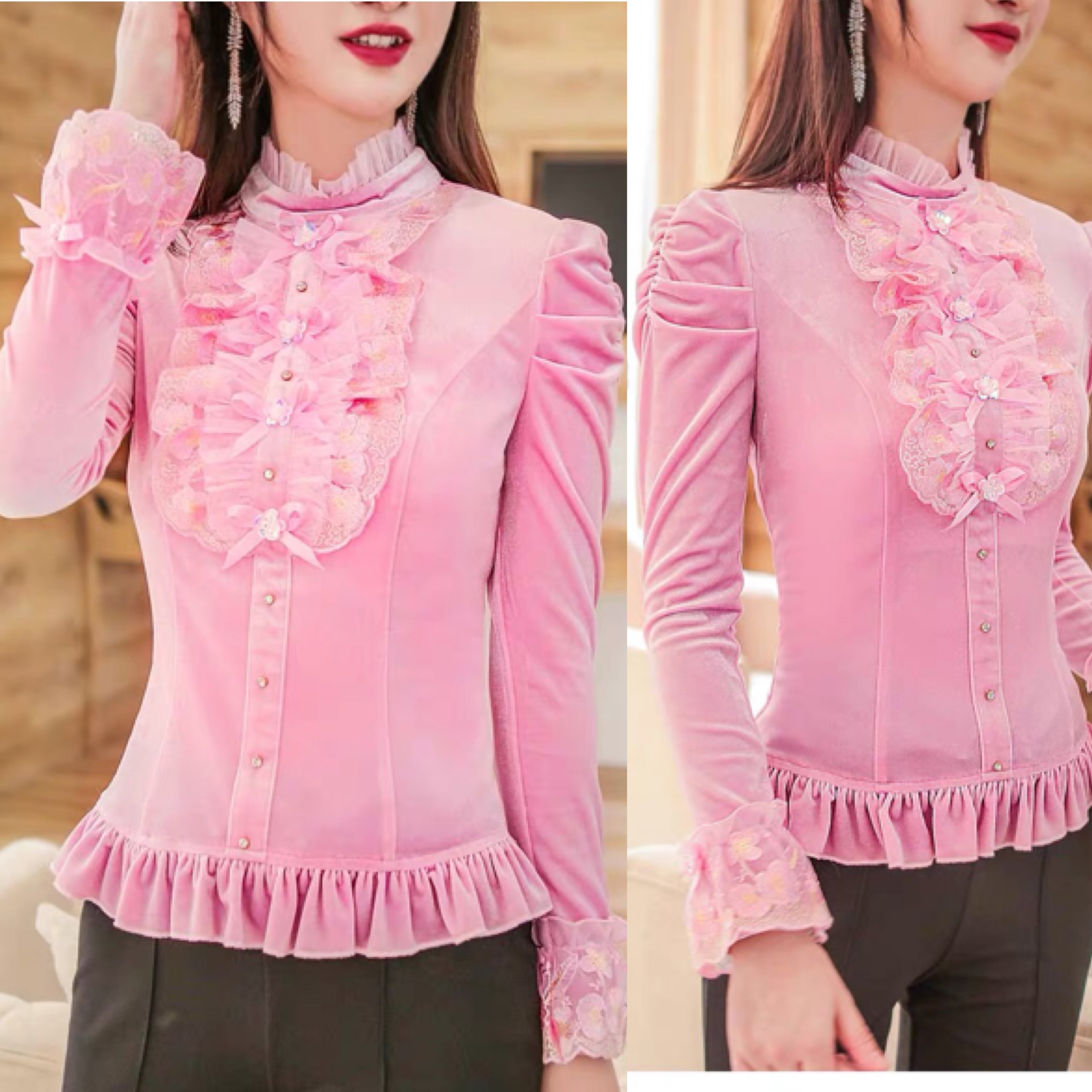 ピンク リボン トップス 長袖 フリル XL 可愛い ガーリー 姫 | Pay ID