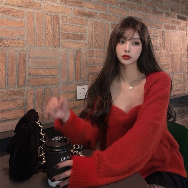 セーター レディースVネックスタンダードスタイルレッドスプリングルーズプルオーバー トップス レトロ 春物 ブラックストロベリース71278379074