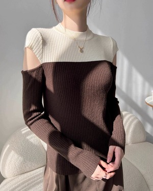 バイカラーオフショルダーニットトップス 2color A0528