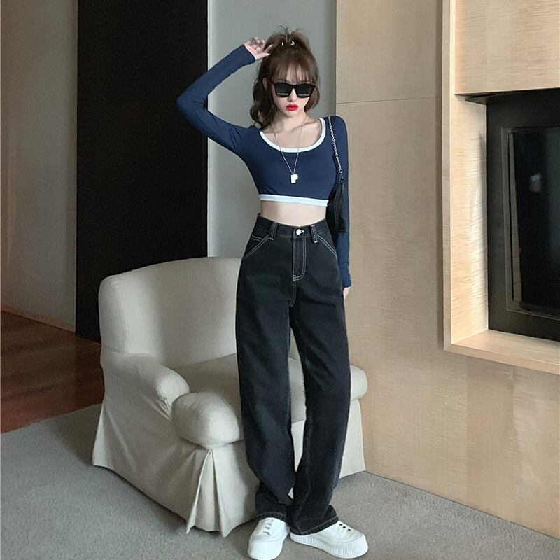 ブラックツーリングハイウエストストレートレッグジーンズレディース秋ワイドレッグモップパンツ2020新しいルーズスリムパンツ ブラックストロベリース57097127544