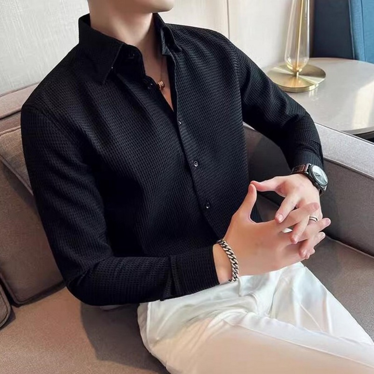 business casual waffle shirt 00244