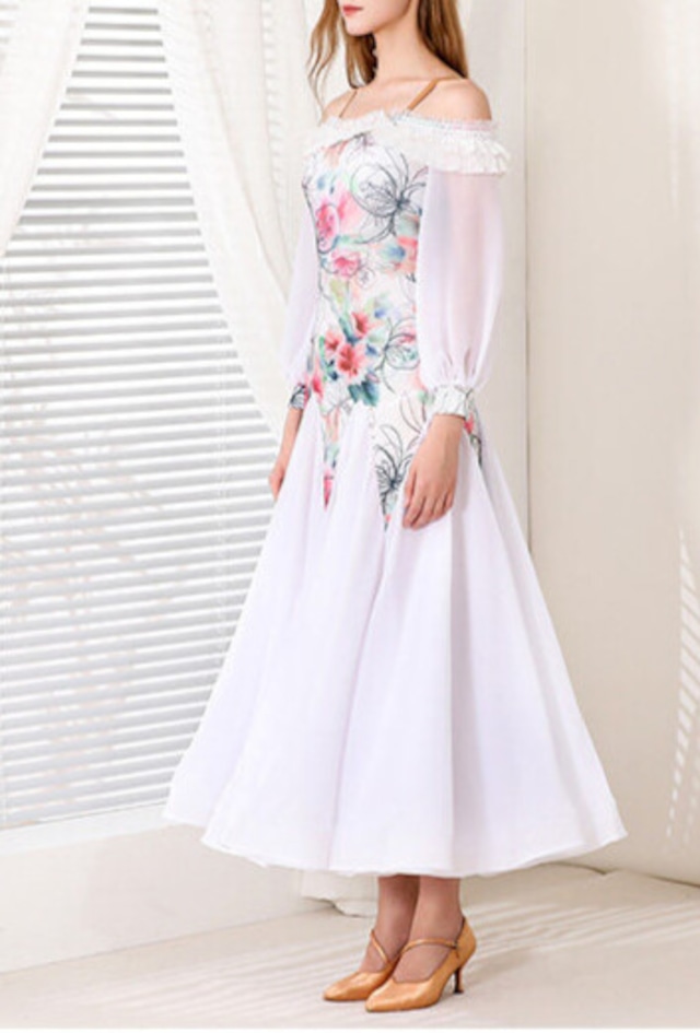 フラワープリント オフショルダー スタンダードドレス ds1497