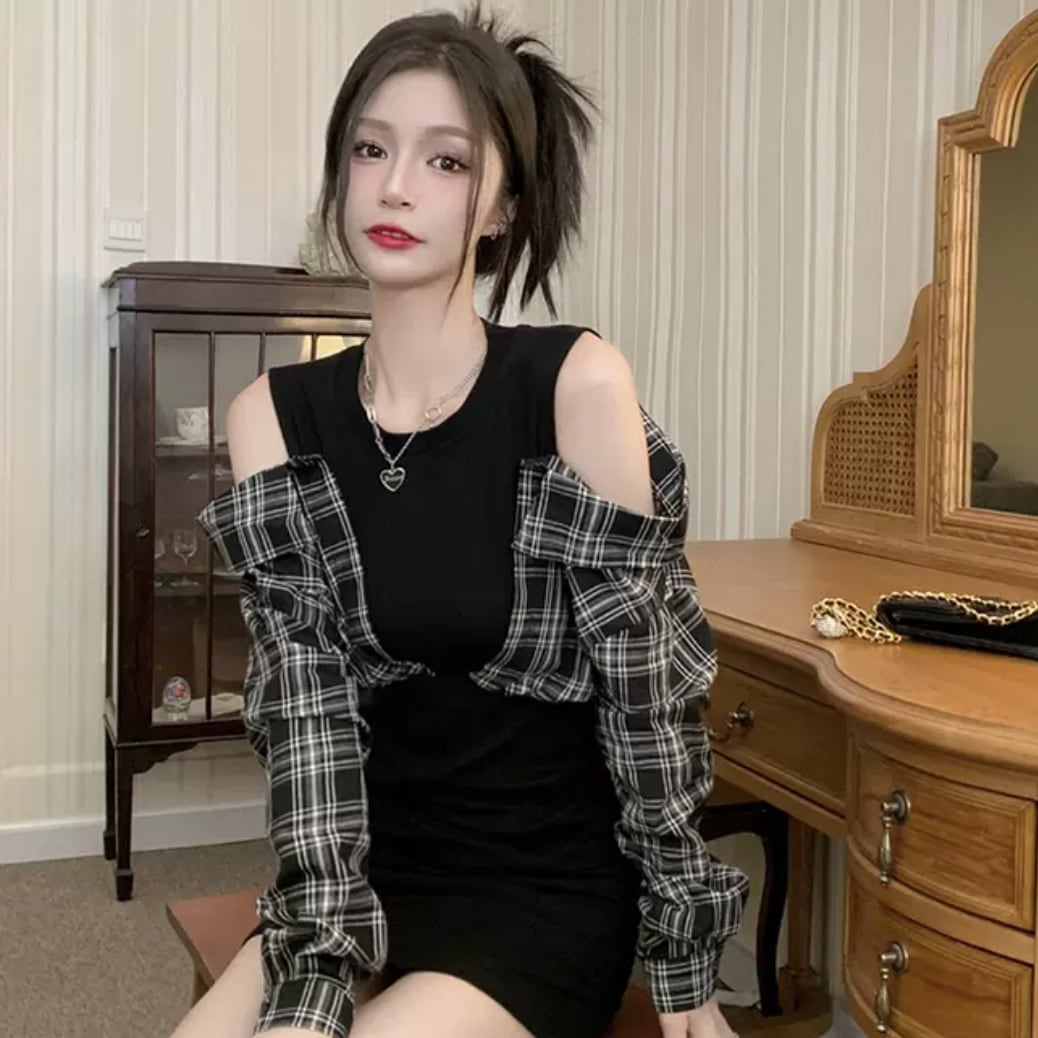 肩見せ セクシー 韓国っぽ チェック シャツワンピ 韓国 ミニ丈 ミニワンピ ワンピース ノースリーブ チェックシャツ ミニスカート カジュアル デートコーデ タイト 女っぽ Lamitte Deco トレンド 韓国ファッション ショップ Base店