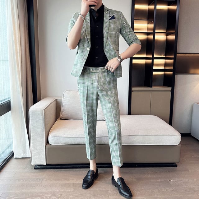 【予約販売】2点セット スーツ メンズ セットアップ 五分袖 ジャケット パンツ グレンチェック柄 男前 グリーン ベージュ 上下 パーティ お出かけ パーティー 二次会 結婚式 夏 S/M/L/XL/2XL/3XL