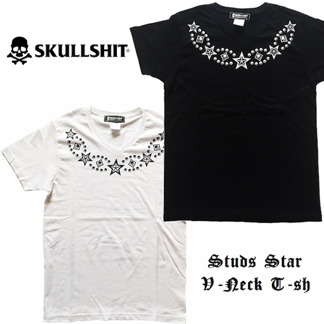 SKULLSHIT / スカルシット「Studs Star V-Neck T-sh」[渋谷龍太(SUPER BEAVER)＆坊屋春道(クローズ)着用モデル] 半袖Ｔシャツ Vネック スター 星 ドクロ メンズ レディース 黒白 ブラック ホワイト ロック パンク ROCK PUNK 骸骨祭り ラッピング無料 ステージ衣装 Rogia