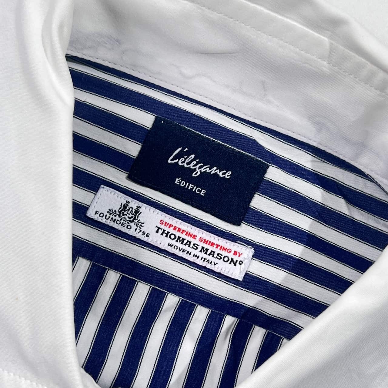 EDIFICE Lelegance エディフィス THOMAS MASON 生地 ストライプ クレリック風 長袖シャツ 44/ネイビー×ホワイト 系 メンズ