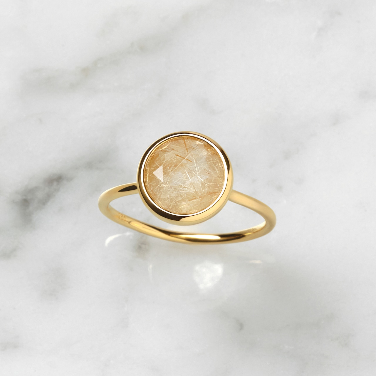 S925 ROUND STONE THIN RING -GOLD RUTILE QUARTZ-