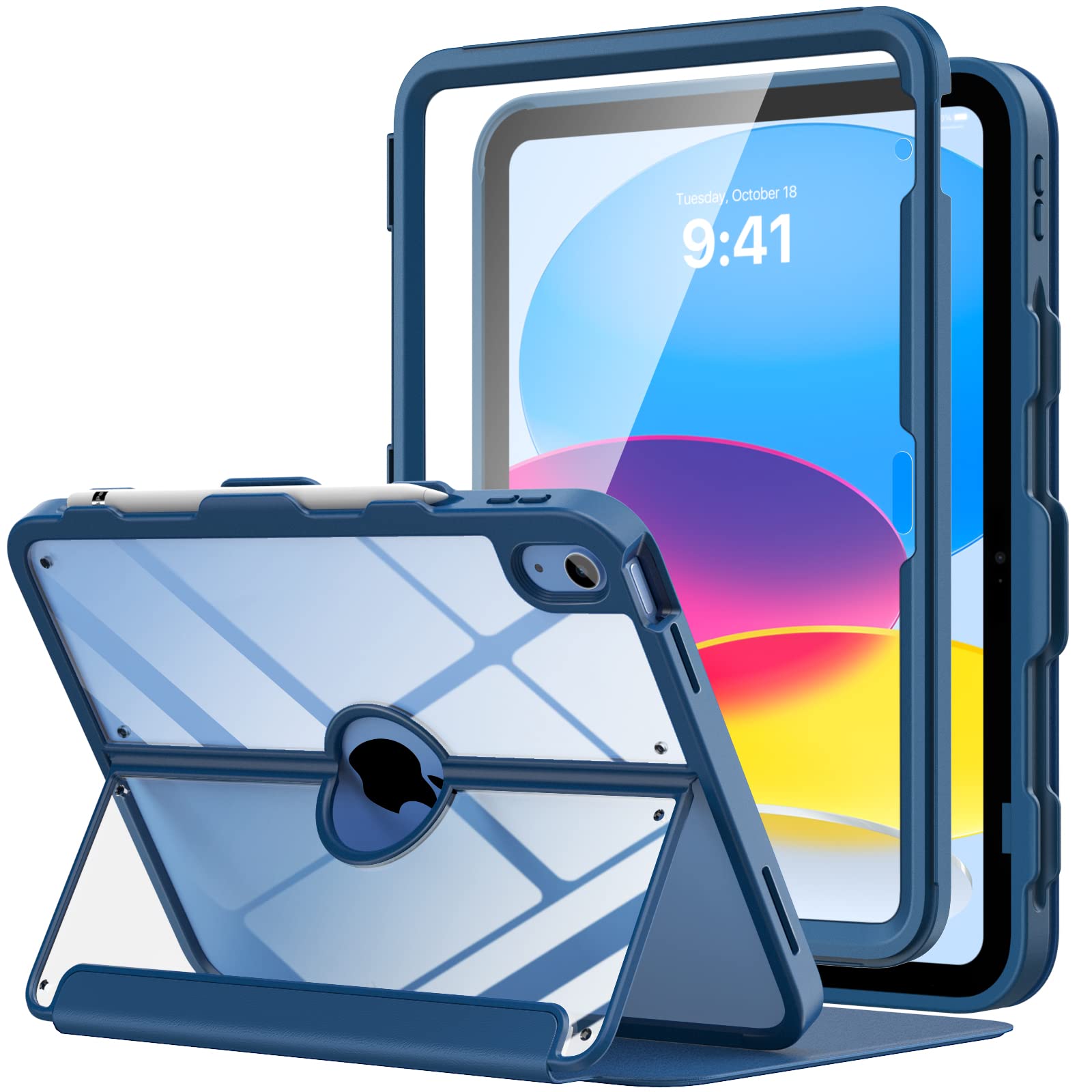 MoKo iPad 第11世代 (A16) ケース、iPad 第10世代 ケース 全面保護 フィルム付き ペンシル収納 NavyBlue