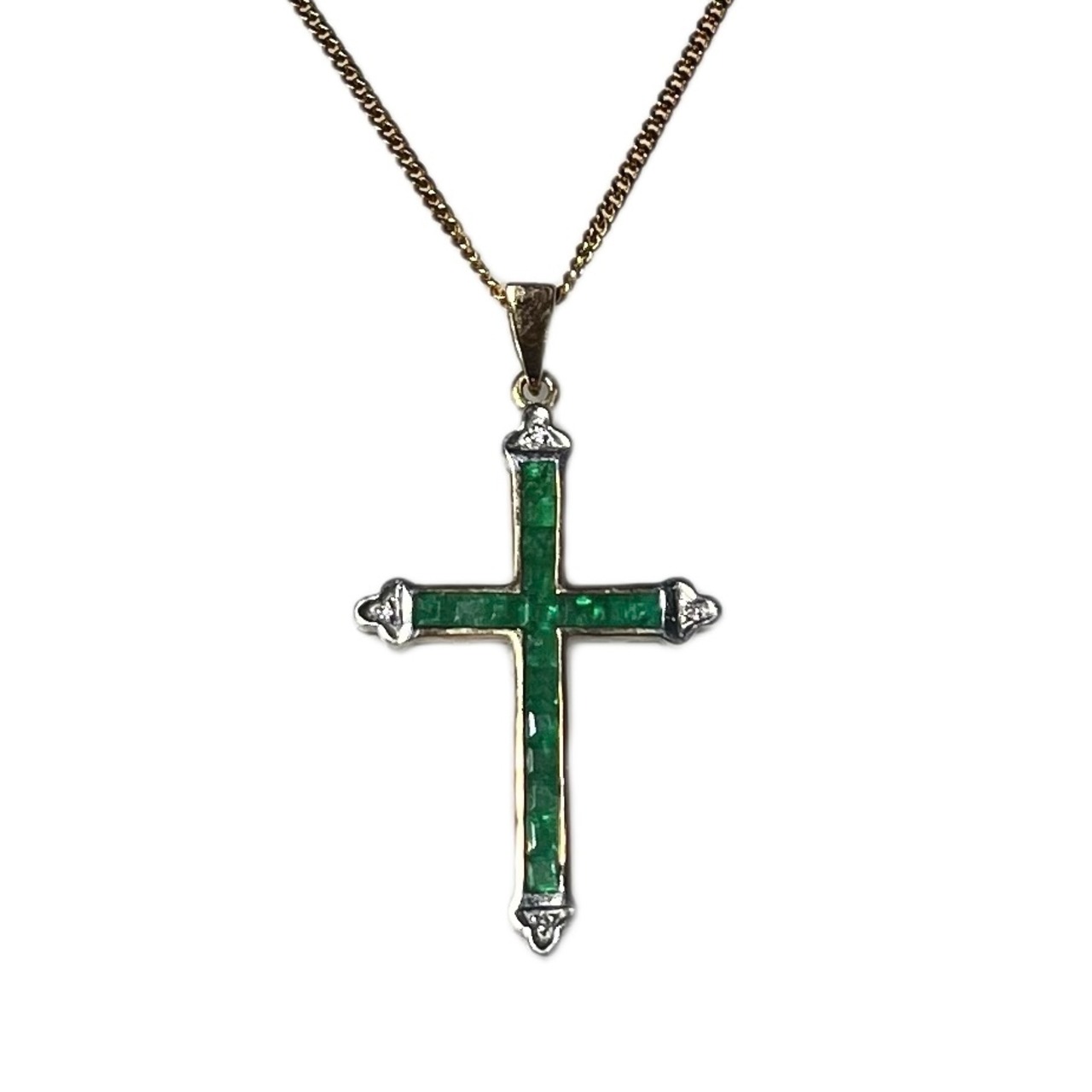 vintage 9ct gold cross pendant necklae set with emerald & diamond
