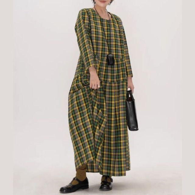 チェック柄長袖ギャザーマキシ丈ワンピース　【001856】