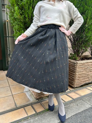 50's flower print gray wool skirt with belt
