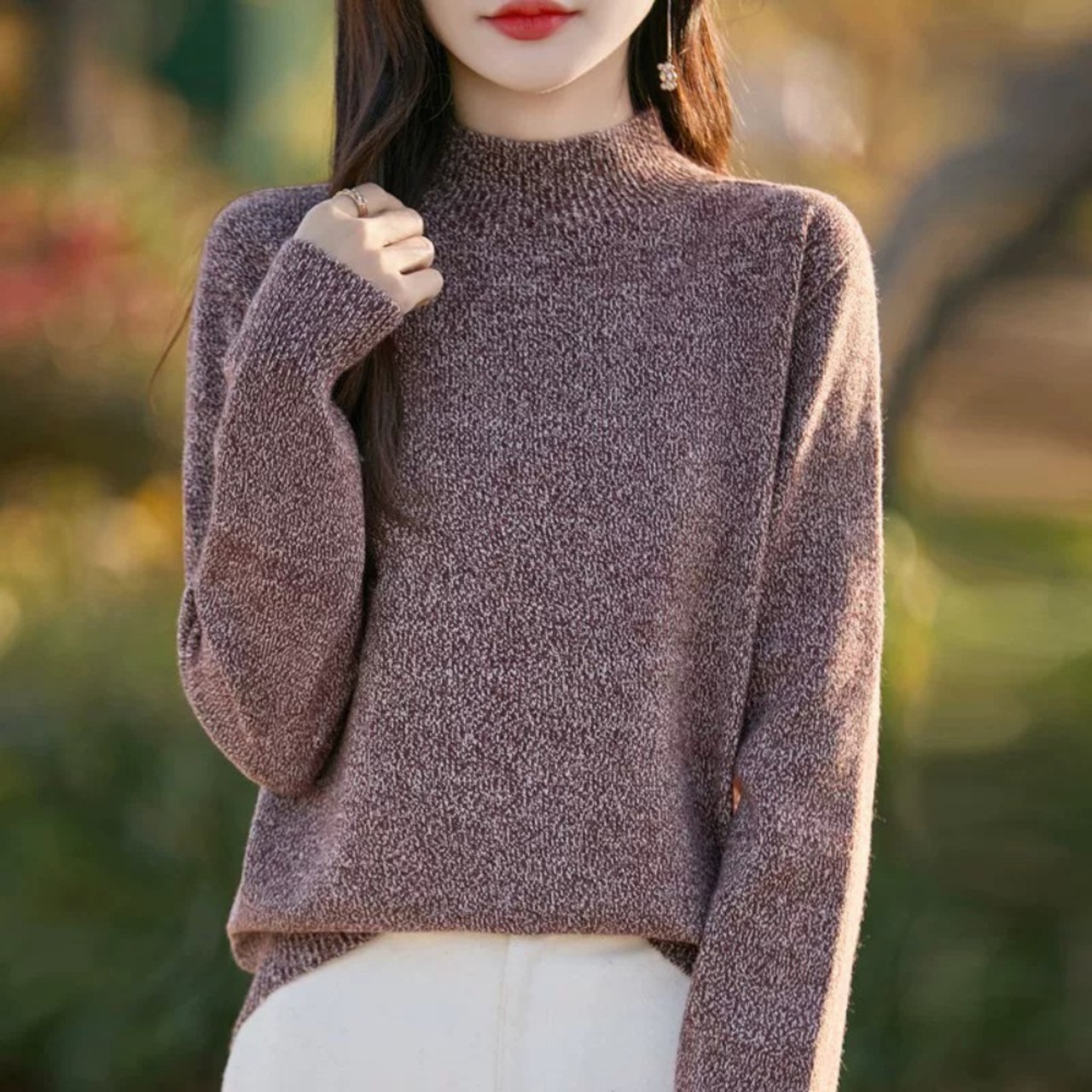 長袖 セミハイネック 混色ニットプルオーバー 9color W01078