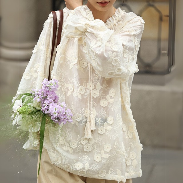 刺繍ドローストリングロングスリーブブラウス　M0418