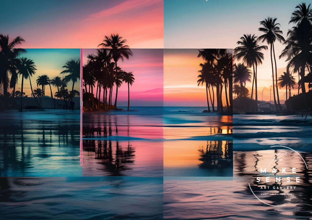Tropical Reflection|4つの時間が溶け合う南国アートポスター|海と夕陽が奏でる癒しのインテリアに最適A4ポスター