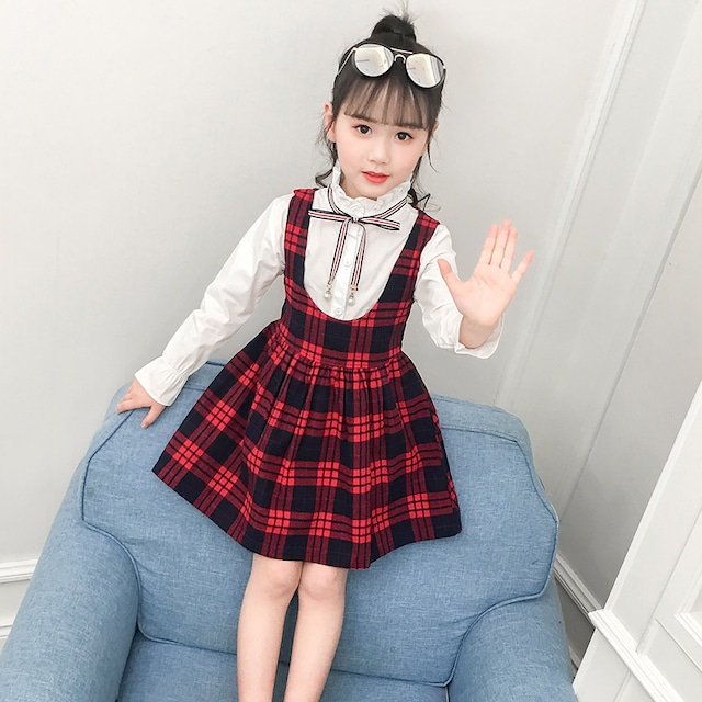 【韓国子供服 サロべットワンピース+Ｔシャツ 女の子】 入学式 チェック柄ワンピース ２点セット 子供服 入学式 キッズドレス セットアップ 新作 パーティー 七五三送料無料