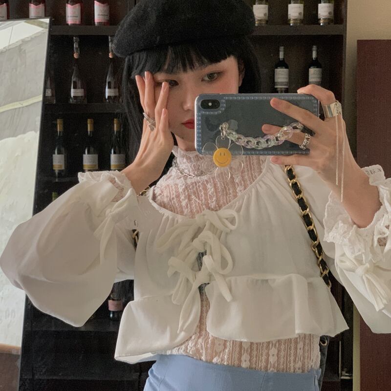 スプリングレーストップス シャツ スカート フリル ラッフル 春物 レースアップ 試着室67627699820