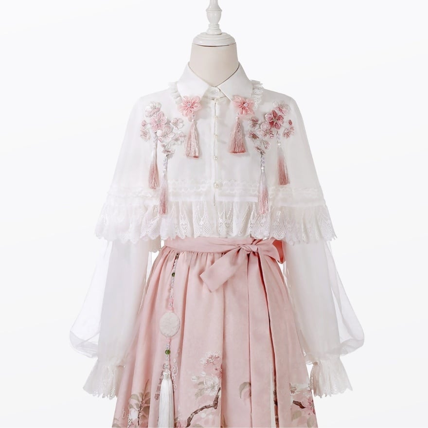 中華ロリ｜桜雨 漢服風トップス・花柄スカート・ケープ3点セット