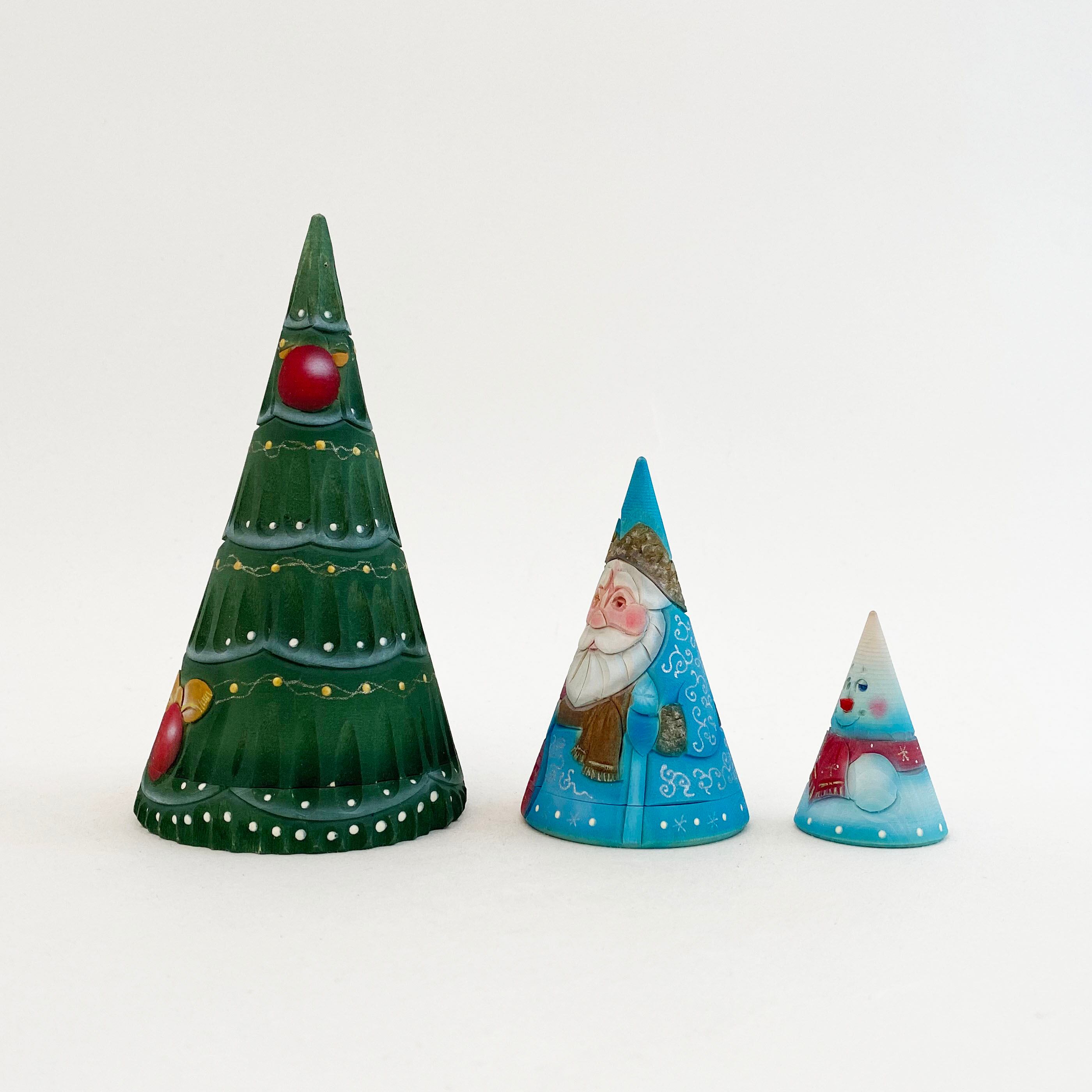 ツリー 円錐型木彫マトリョーシカ(コブロフ工房/3個組)