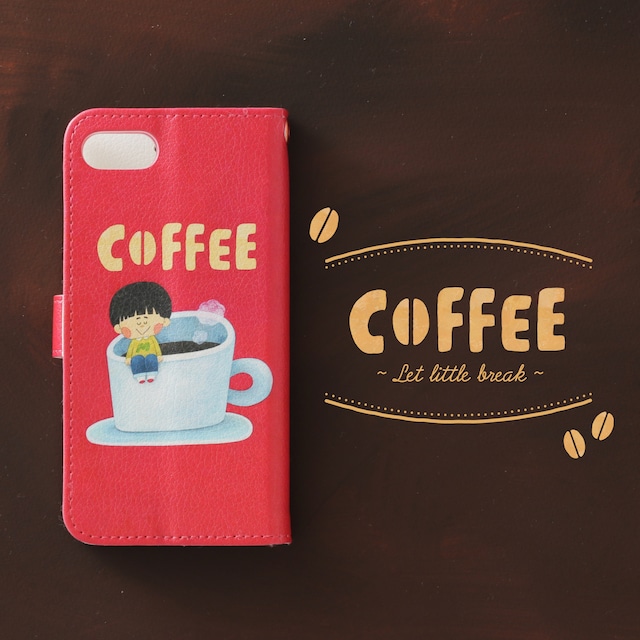 送料無料♪手帳型スマホケース/iPhone/Galaxy/Xperia/ほぼ全機種対応♪イラストが可愛い 【テーマ:coffee cafe 赤】