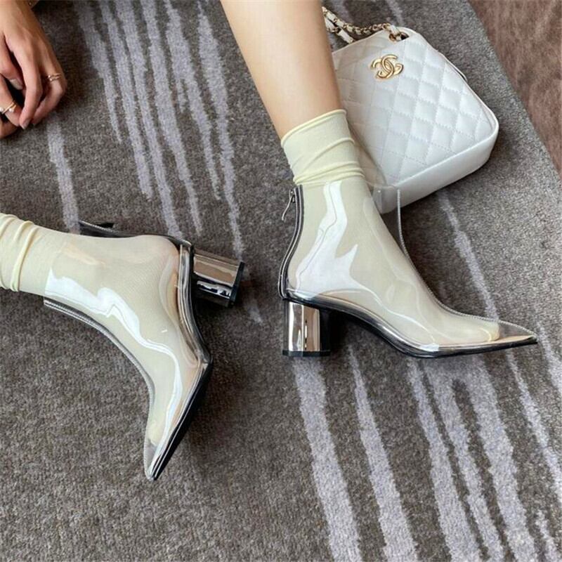 【新作】【送料無料】 透明ラインストーンブーツ女性夏春セクシー先のとがった短い足首スパンコールクロスブーツ ショート 靴 シューズ スプリング 春物 サマー 夏物 10b388826585237