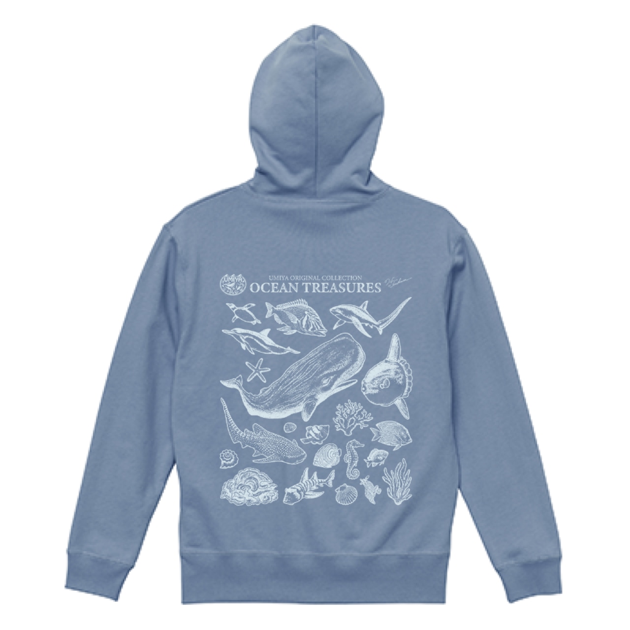 海洋生物ヴィンテージ風フルジップパーカー｜OCEAN TREASURES／Model-05（アシッドブルー）