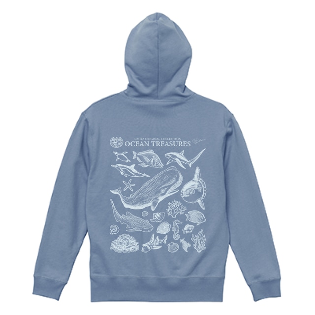 海洋生物ヴィンテージ風フルジップパーカー｜OCEAN TREASURES／Model-01（ナチュラル）