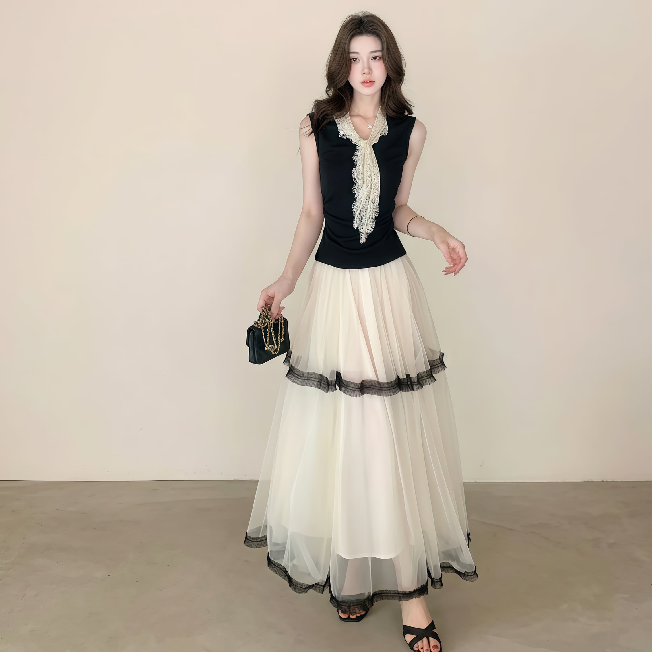 【set】レースドッキングノースリーブトップス×チュールスカートセット N3567