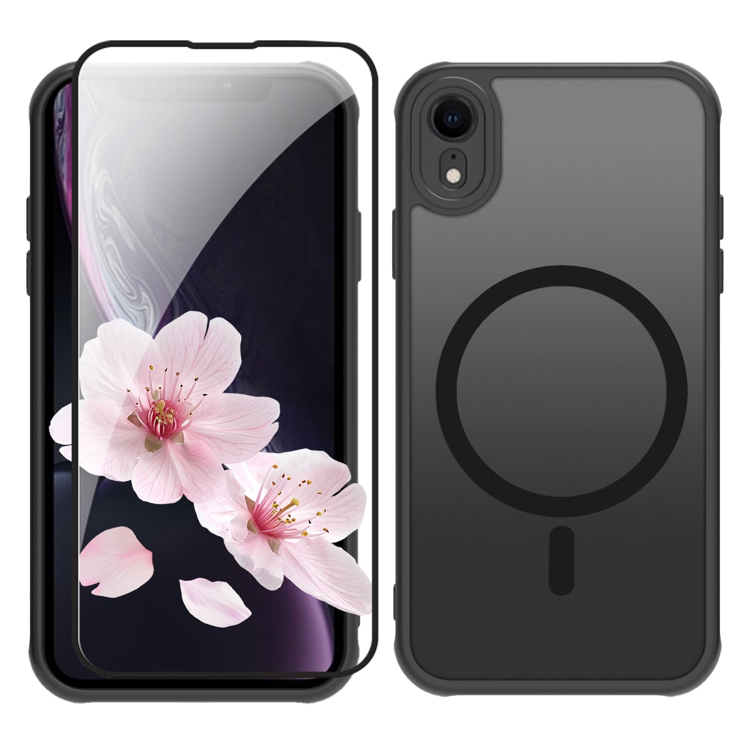 MagSafe対応 iPhone XR ケース ガラスフィルム付き マット仕上げ 半透明 マグネット搭載 アイフォン XR ケース PC+TPU 滑り止め 指紋防止 米軍MIL規格 耐衝撃 耐久性 全面保護 黄ばみなし アイフォンカバー いPhone XR グセーフ対応 (マットブラック, iPhone XR)