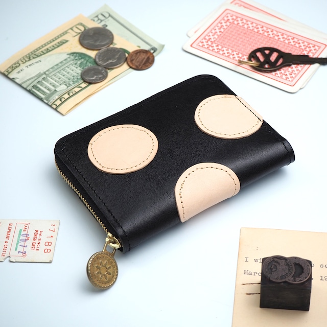 ラウンドファスナー コンパクト 財布（水玉パッチワーク / ブラック） 牛革