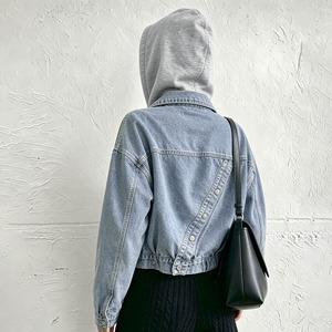 デニム ジャケット レディース 春秋 韓国 ストリート フード付き Gジャン レイヤード風 ドッキング 長袖 バックボタン ドローコード ゆったり 体型カバー 甘辛MIX カジュアル 羽織り [LF-CGJ001]