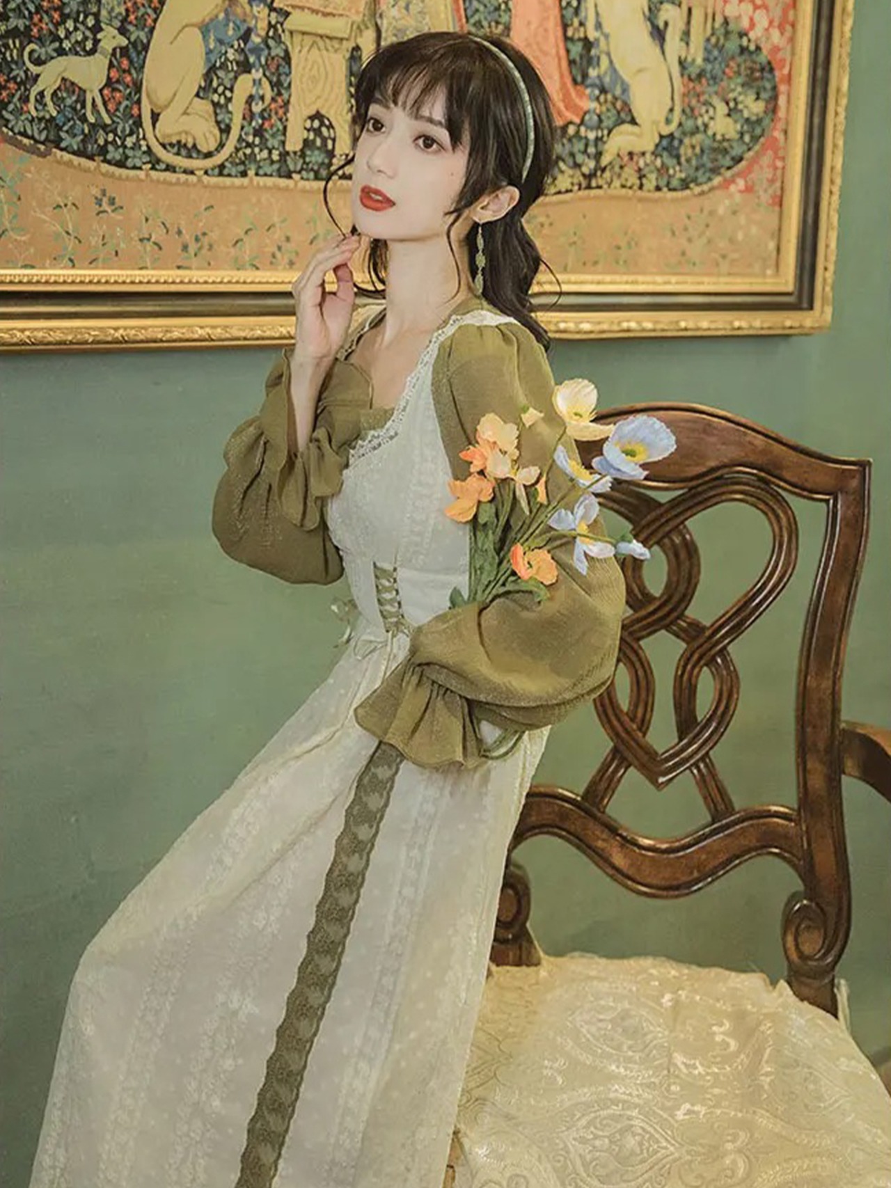 【0139】Waist Ribbon Cottage Style Long Sleeve Dress