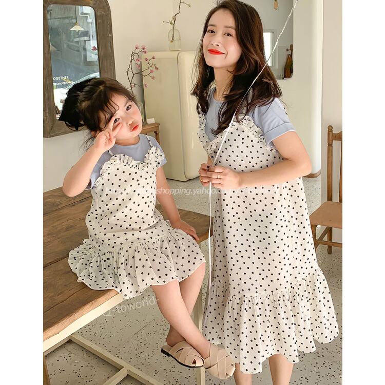 F ワンピース 重ね着風 ドット柄 フリル キッズサイズ有 親子コーデ リンクコーデ 韓国レディース服 レディース服 Q Toworld キュートワールド 子供服