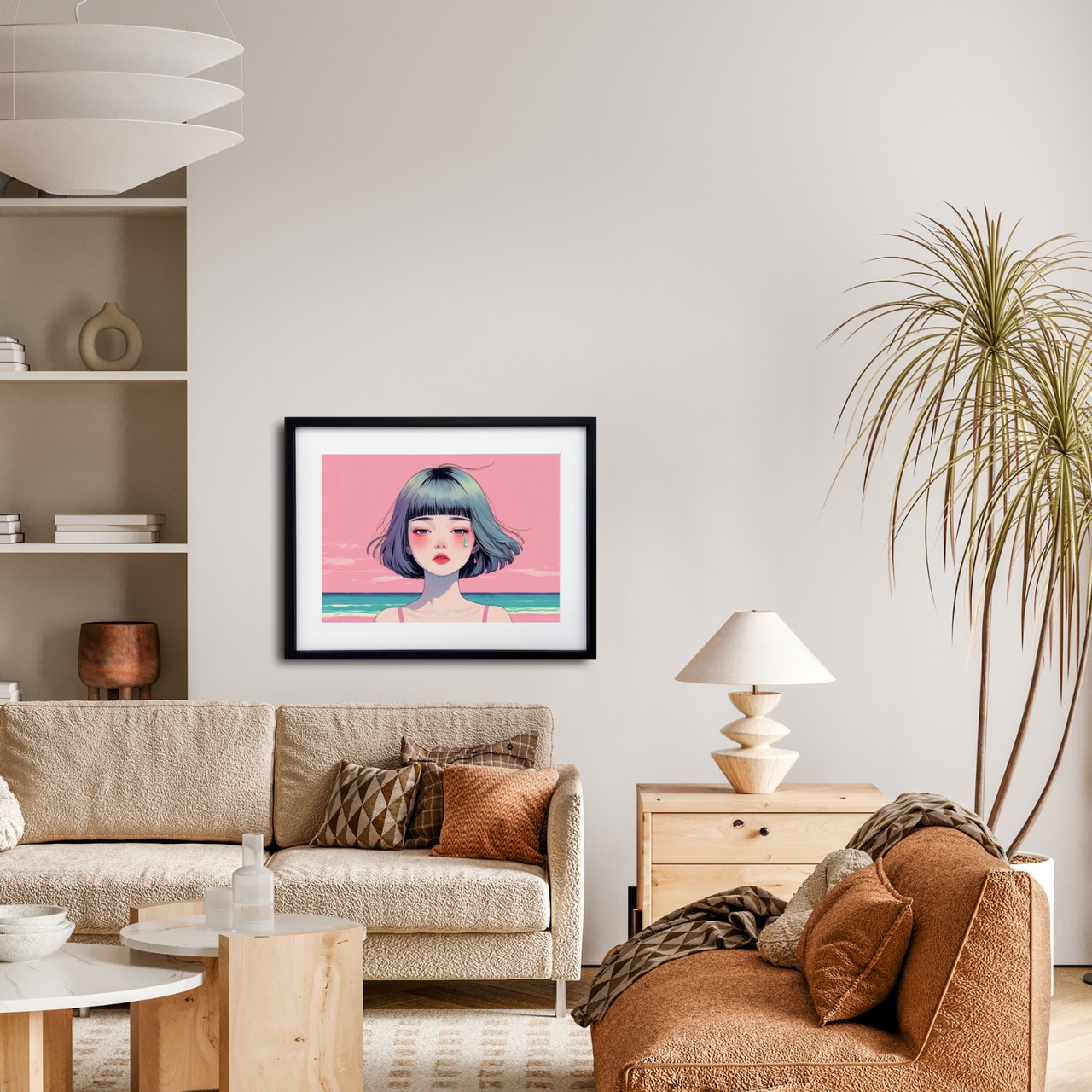 Pink Tide Tears｜涙と海が溶け合うボブヘア少女のアートポスター｜感情を映すピンクの空と静かな波｜モダン人物画｜A4ポスター