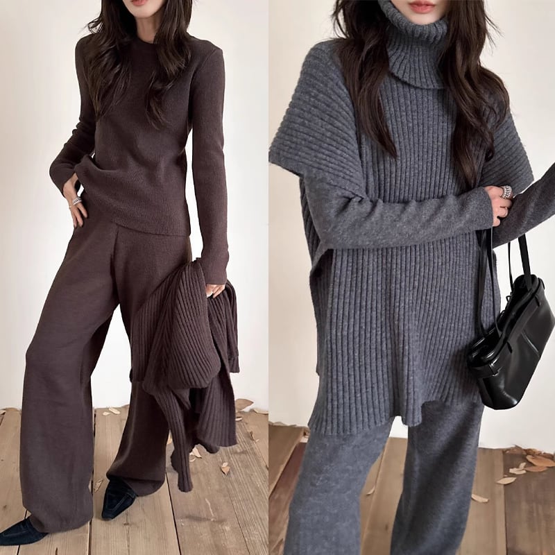 【set】ハイネックケープ×ニットトップス×ワイドパンツ3点セット Q7271