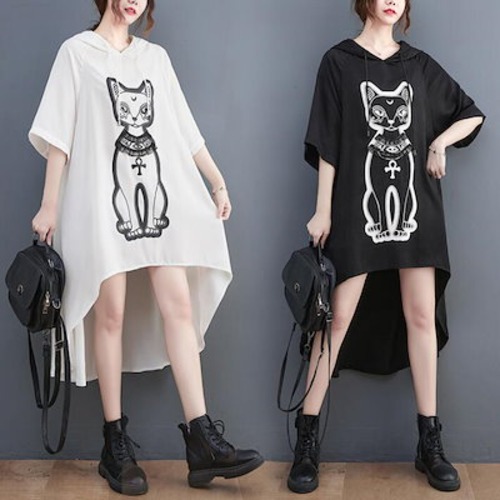 Tシャツ Tシャツワンピース　レディース 半袖 大きいサイズ　前後差　プリント　フード付き　おしゃれ　ロングTシャツ　オーバーサイズ　 ゆったりTシャツ 　チュニック　個性